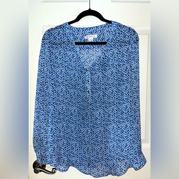 Liz Claiborne Tops - Liz Claiborne Navy and White Sheer Patterned Long Sleeve Blouse